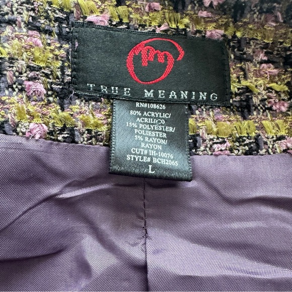 True Meaning Purple-Trim Bouclé Tweed Jacket Size L Open Front Fringe Trim‎ - Picture 7 of 8